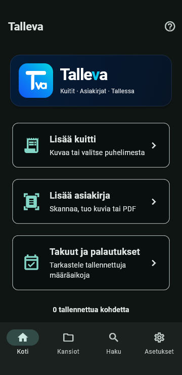 Tallevan kotinäkymä tummassa tilassa. Samat toiminnot tummalla taustalla.