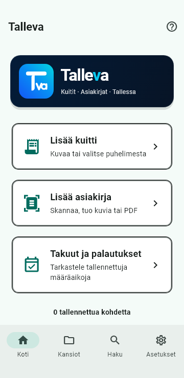 Tallevan vaalea kotinäkymä: Lisää kuitti, Lisää asiakirja sekä Takuut ja palautukset. Tyhjä testiarkisto.